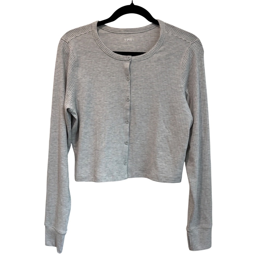 YPB Your Personal Best Womens Grey Striped Ribbed Cropped Cardigan NWT Large